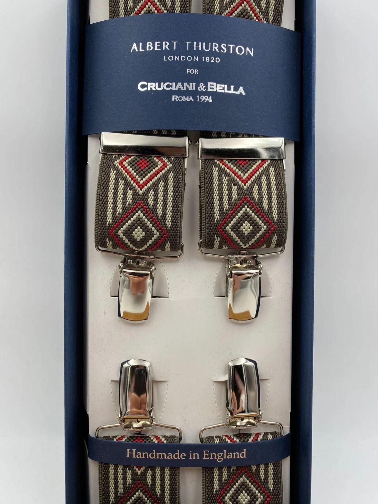 Albert Thurston for Cruciani & Bella Made in England Clip on Adjustable Sizing 35 mm elastic braces Brown and Red Patterned X-Shaped Nickel Fittings Size: L