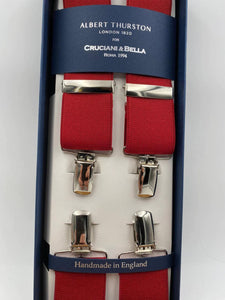 Albert Thurston for Cruciani & Bella Made in England Clip on Adjustable Sizing 35 mm elastic braces Deep Red  X-Shaped Nickel Fittings Size: L