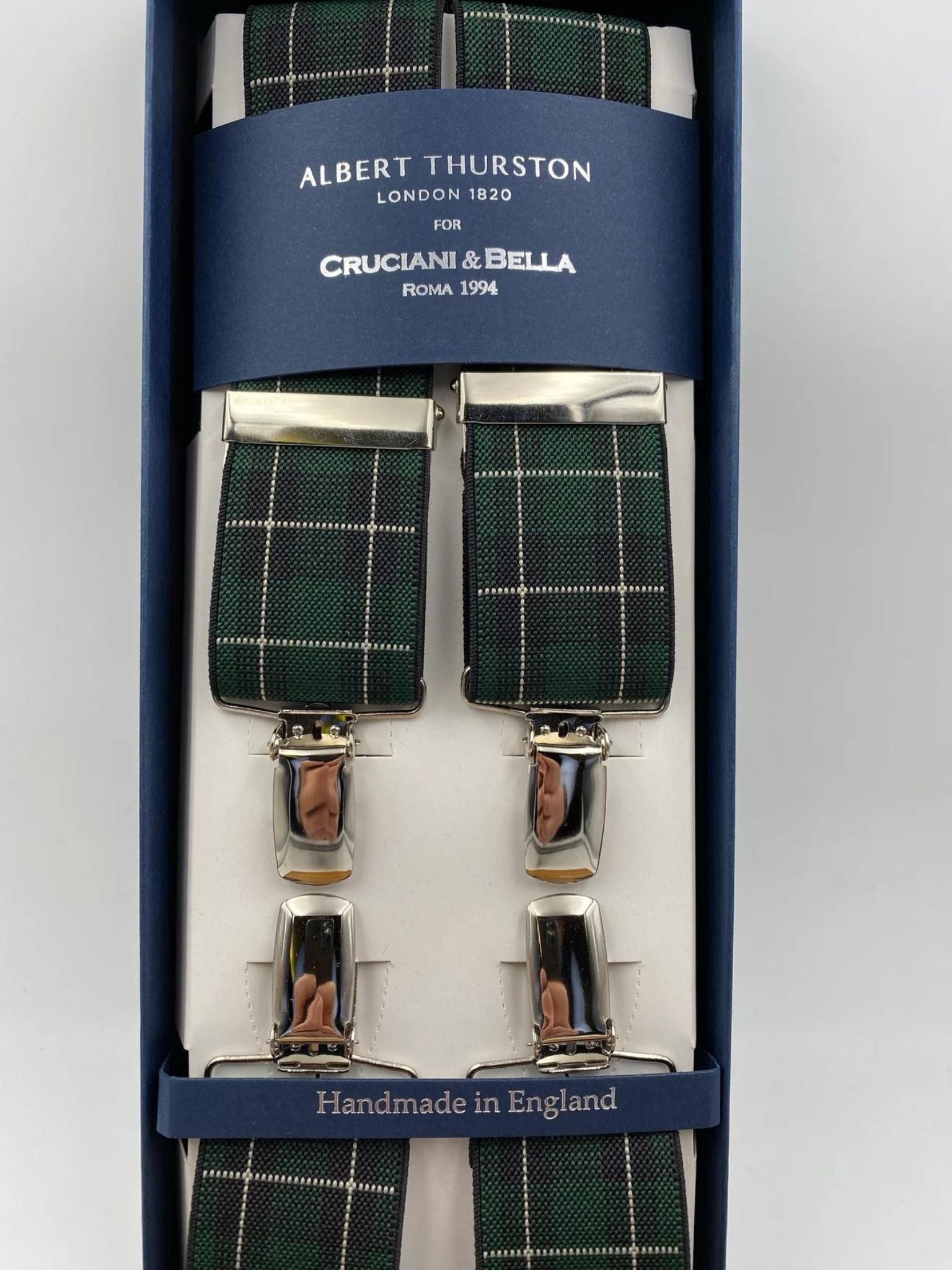 Albert Thurston for Cruciani & Bella Made in England Clip on Adjustable Sizing 35 mm elastic braces Tartan X-Shaped Nickel Fittings Size: L