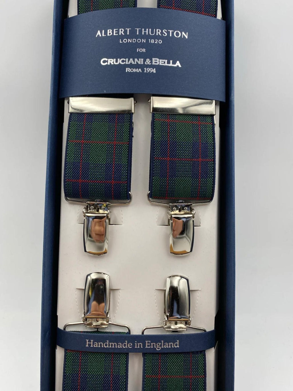 Albert Thurston for Cruciani & Bella Made in England Clip on Adjustable Sizing 35 mm elastic braces Green and Red Tartan X-Shaped Nickel Fittings Size: L