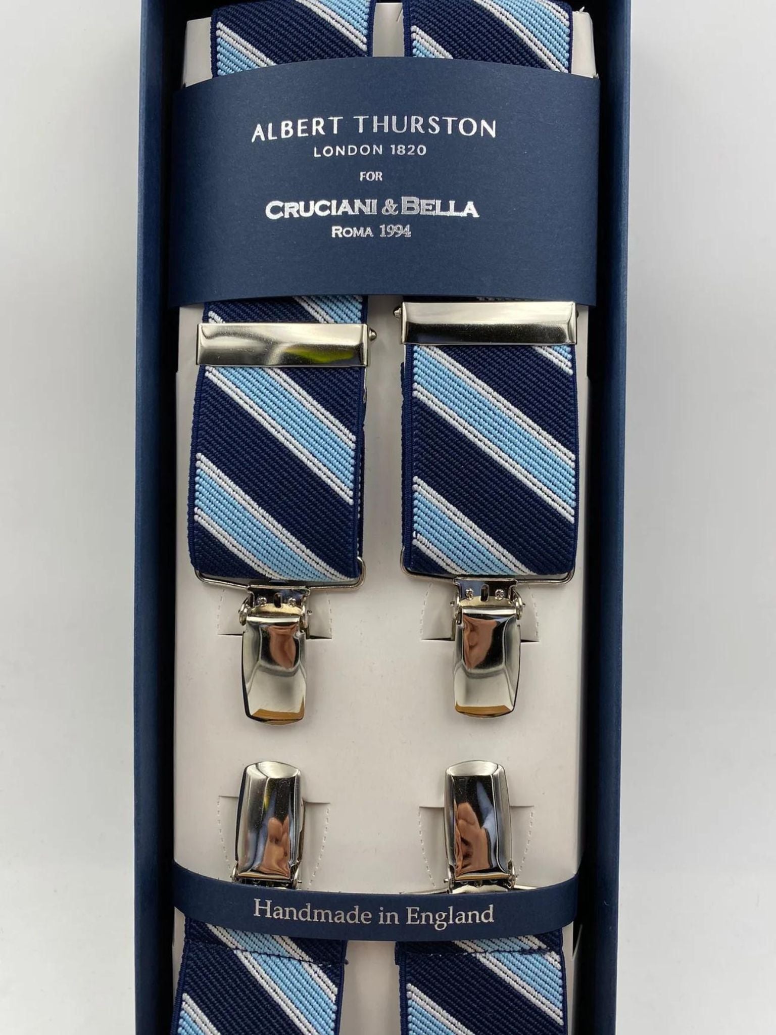 Albert Thurston for Cruciani & Bella Made in England Clip on Adjustable Sizing 35 mm elastic braces Light Blue stripes X-Shaped Nickel Fittings Size: L