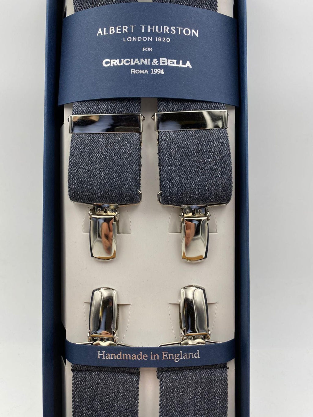 Albert Thurston for Cruciani & Bella Made in England Clip on Adjustable Sizing 35 mm elastic braces Medium Grey Plain X-Shaped Nickel Fittings Size: L