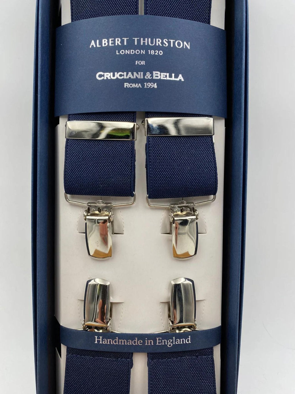 Albert Thurston for Cruciani & Bella Made in England Clip on Adjustable Sizing 35 mm elastic braces Navy Blue Plain X-Shaped Nickel Fittings Size: L