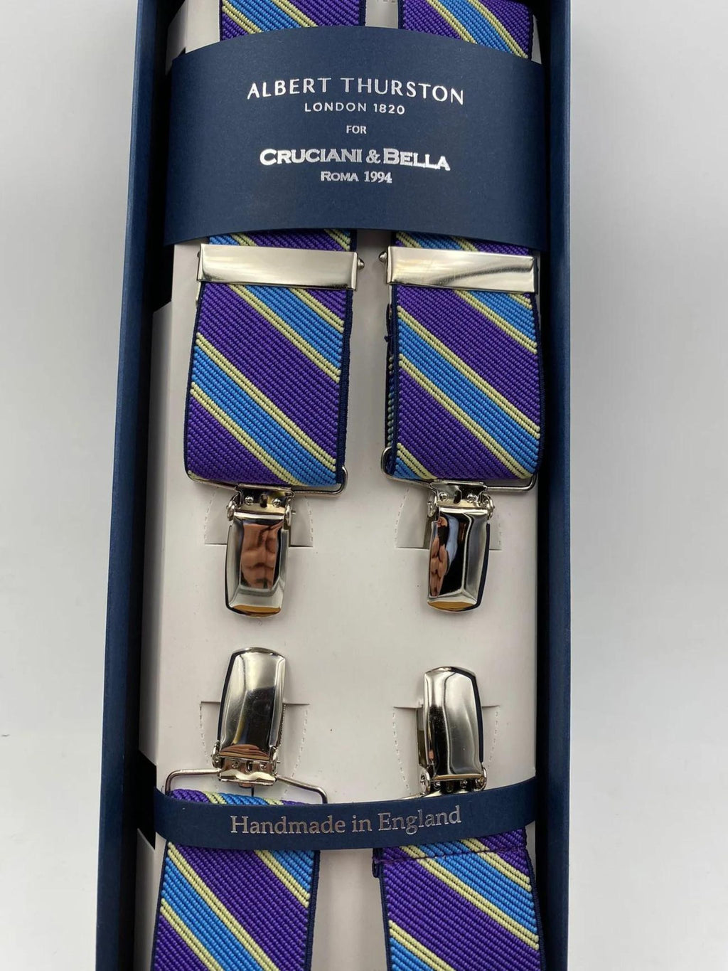 Albert Thurston for Cruciani & Bella Made in England Clip on Adjustable Sizing 35 mm elastic braces Purple and Blue stripes X-Shaped Nickel Fittings Size: L