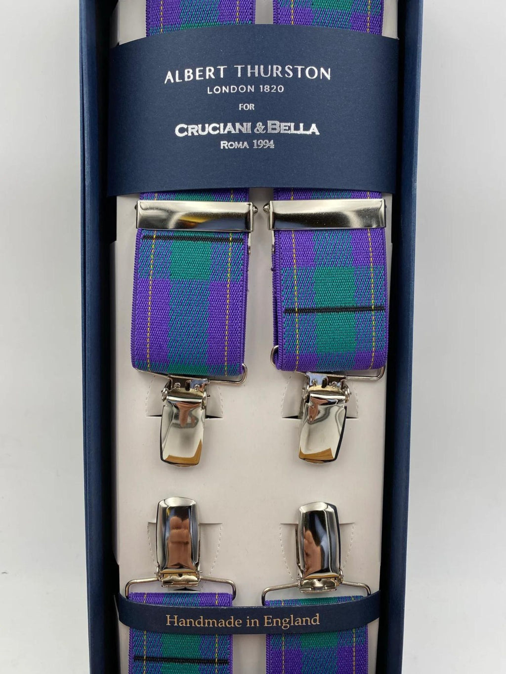 Albert Thurston for Cruciani & Bella Made in England Clip on Adjustable Sizing 35 mm elastic braces Purple and Green Tartan X-Shaped Nickel Fittings Size: L