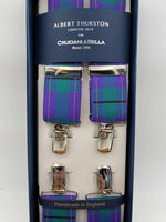 Albert Thurston for Cruciani & Bella Made in England Clip on Adjustable Sizing 35 mm elastic braces Purple and Green Tartan X-Shaped Nickel Fittings Size: L
