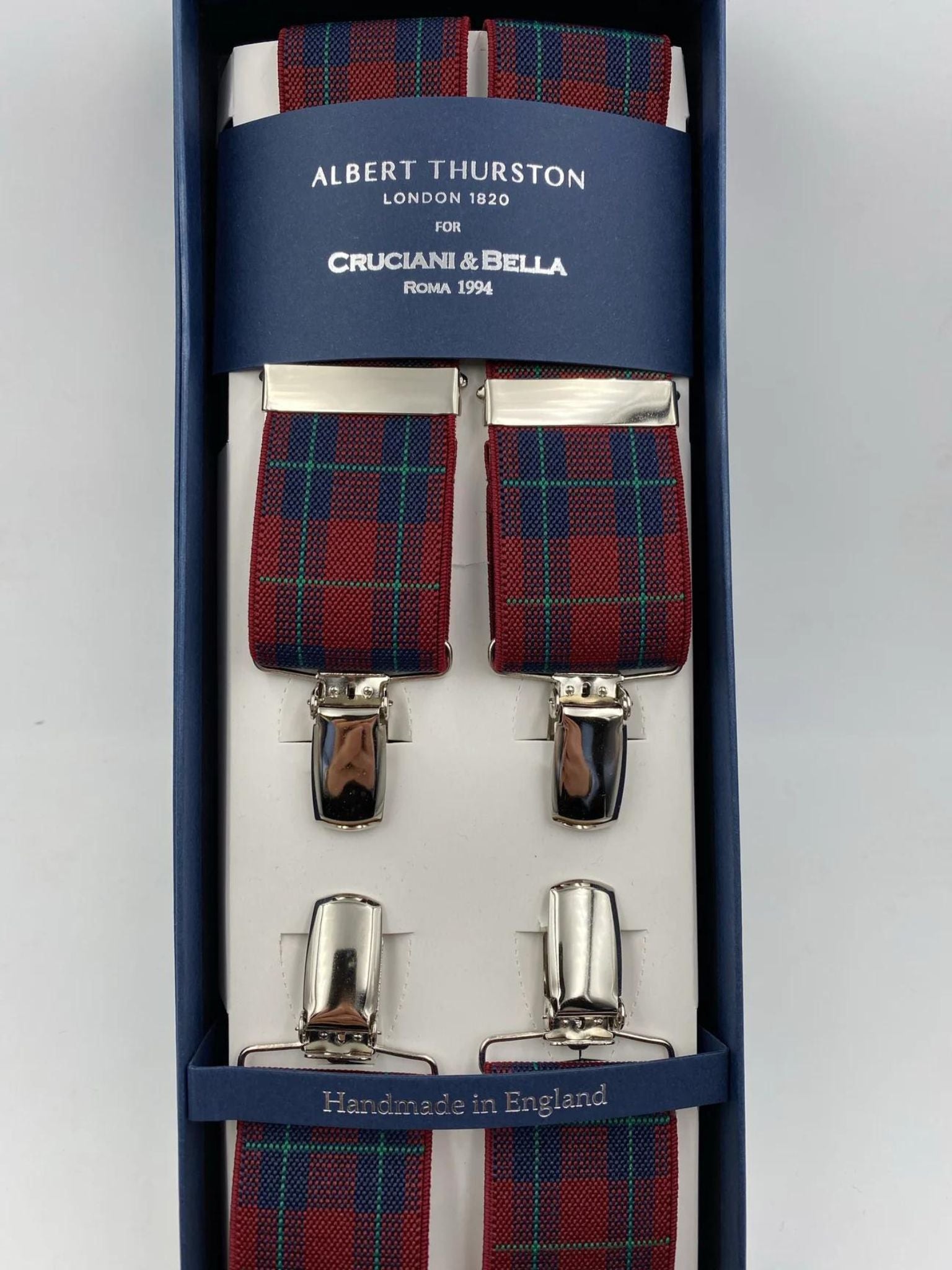 Albert Thurston for Cruciani & Bella Made in England Clip on Adjustable Sizing 35 mm elastic braces Red Tartan X-Shaped Nickel Fittings Size: L