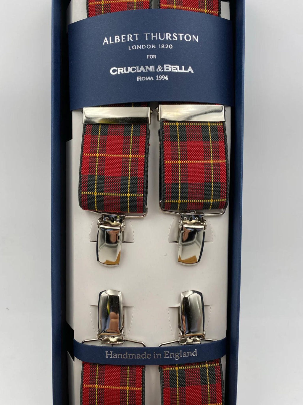 Albert Thurston for Cruciani & Bella Made in England Clip on Adjustable Sizing 35 mm elastic braces Red, Green and Yellow Tartan X-Shaped Nickel Fittings Size: L
