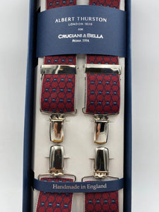 Albert Thurston for Cruciani & Bella Made in England Clip on Adjustable Sizing 35 mm elastic braces Red and Blue Patterned X-Shaped Nickel Fittings Size: L