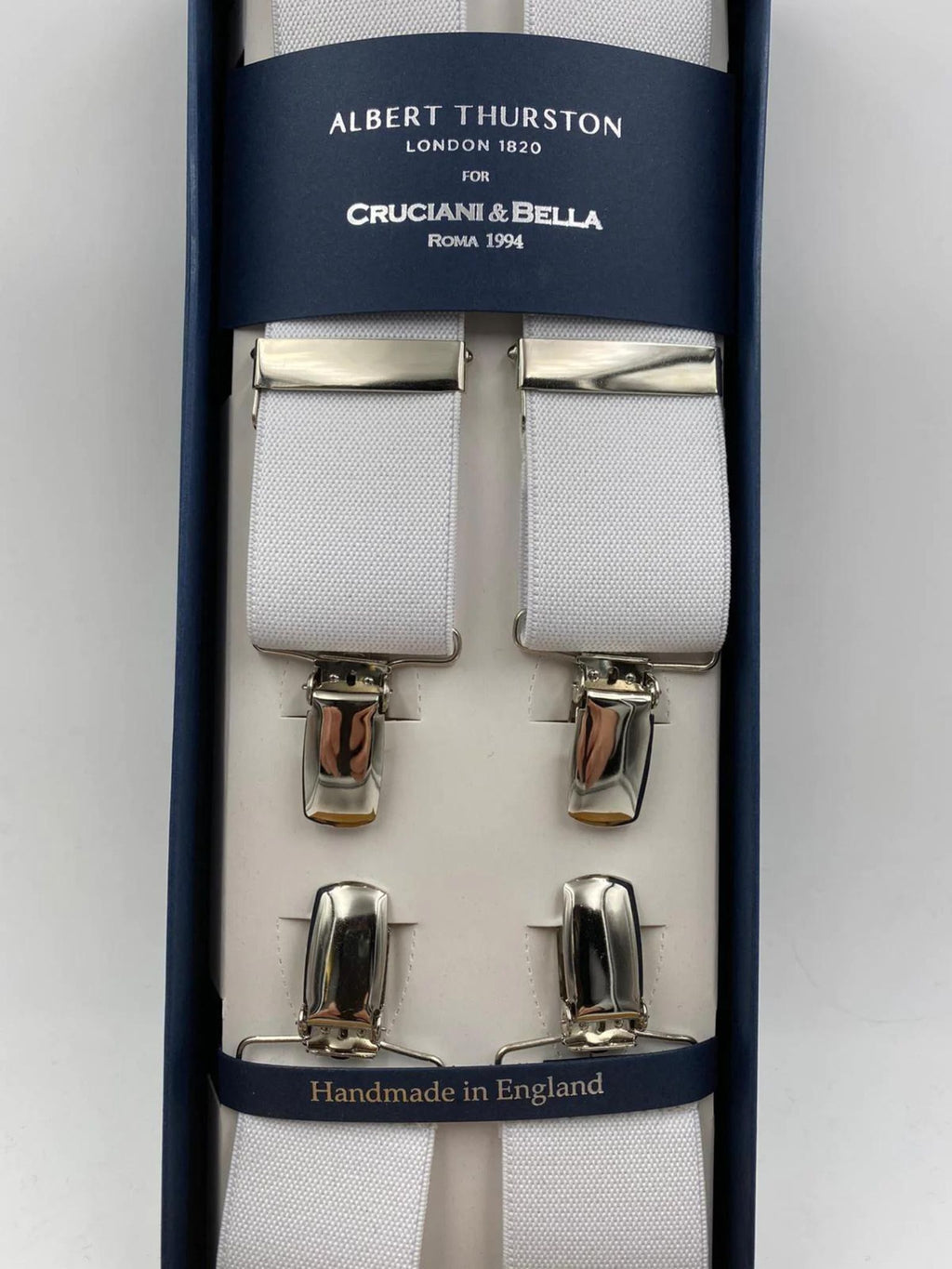 Albert Thurston for Cruciani & Bella Made in England Clip on Adjustable Sizing 35 mm elastic braces White  X-Shaped Nickel Fittings Size: L