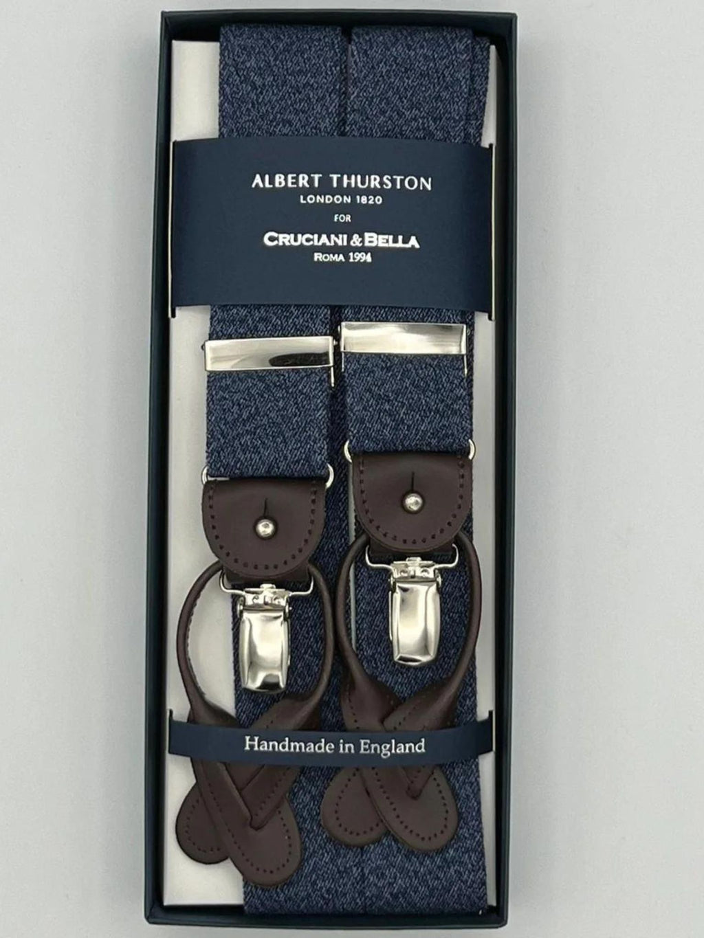 Albert Thurston for Cruciani & Bella Made in England 2 in 1 Adjustable Sizing 35 mm elastic braces Denim Blue Plain  Y-Shaped Nickel Fittings Size Large
