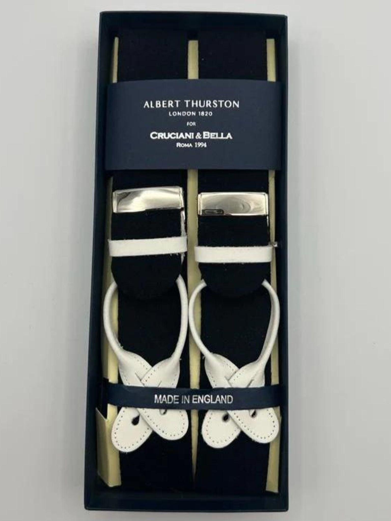 Albert Thurston for Cruciani & Bella Made in England Adjustable Sizing 40 mm  Pure Wool Boxcloth Wowen in the Yorkshire Black Plain  Braces Y-Shaped Nickel Fittings Size: L