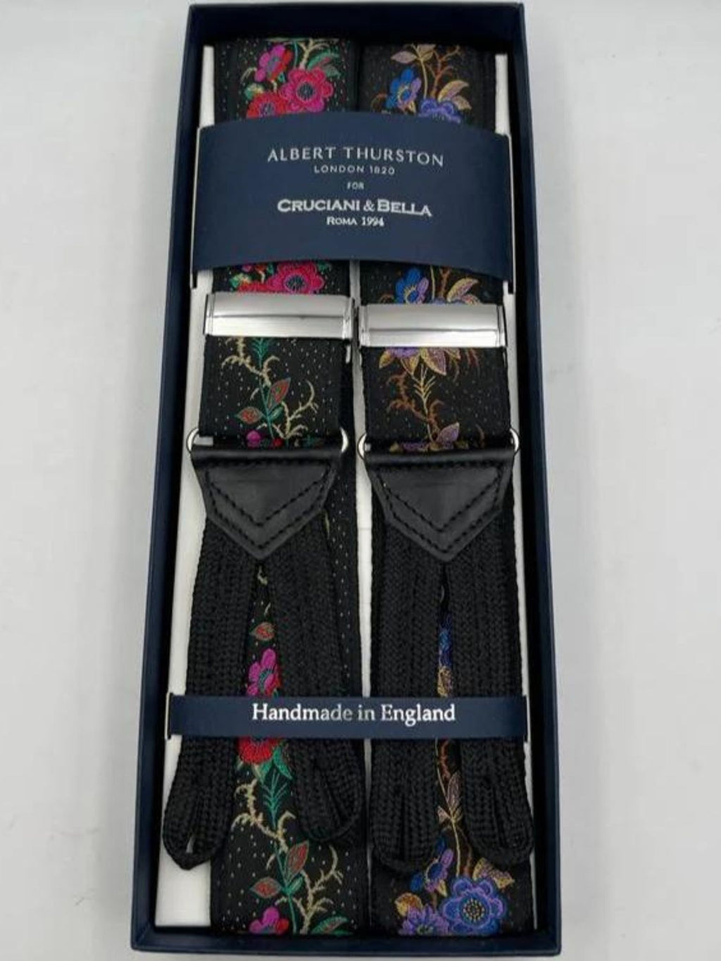 Albert Thurston for Cruciani & Bella Made in England Adjustable Sizing 40 mm Woven Silk Black, Red and Multicolor Floreal Motif  Braces Y-Shaped Nickel Fittings Size: XL