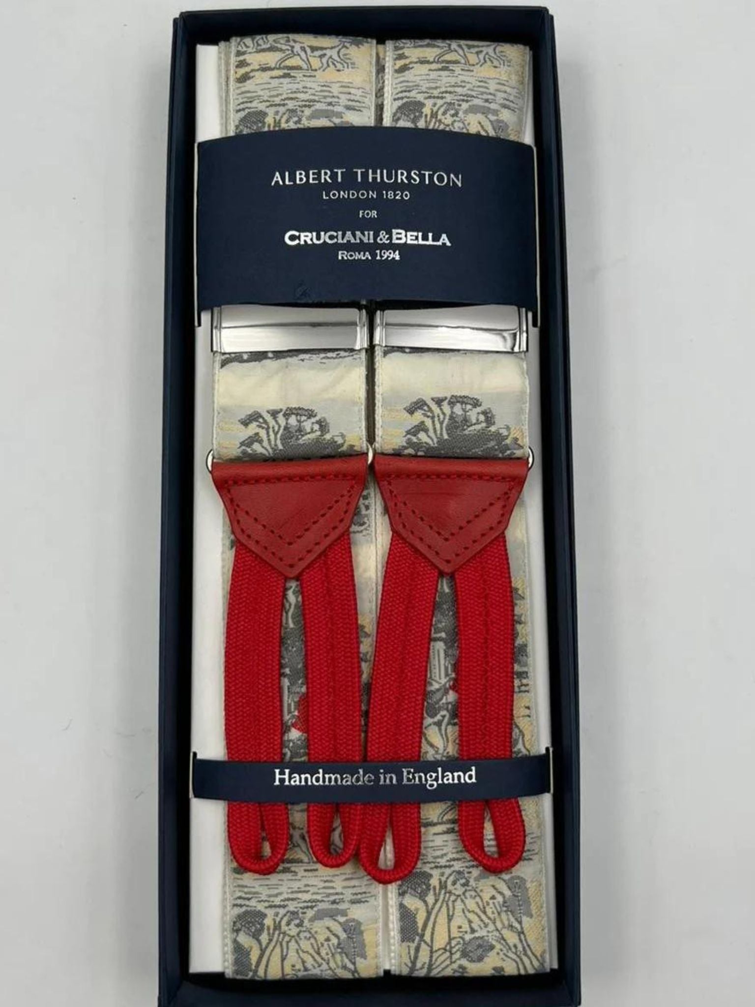 Albert Thurston for Cruciani & Bella Made in England Adjustable Sizing 40 mm Woven Silk Light Cream and Light Grey Motif  Braces Y-Shaped Nickel Fittings Size: XL