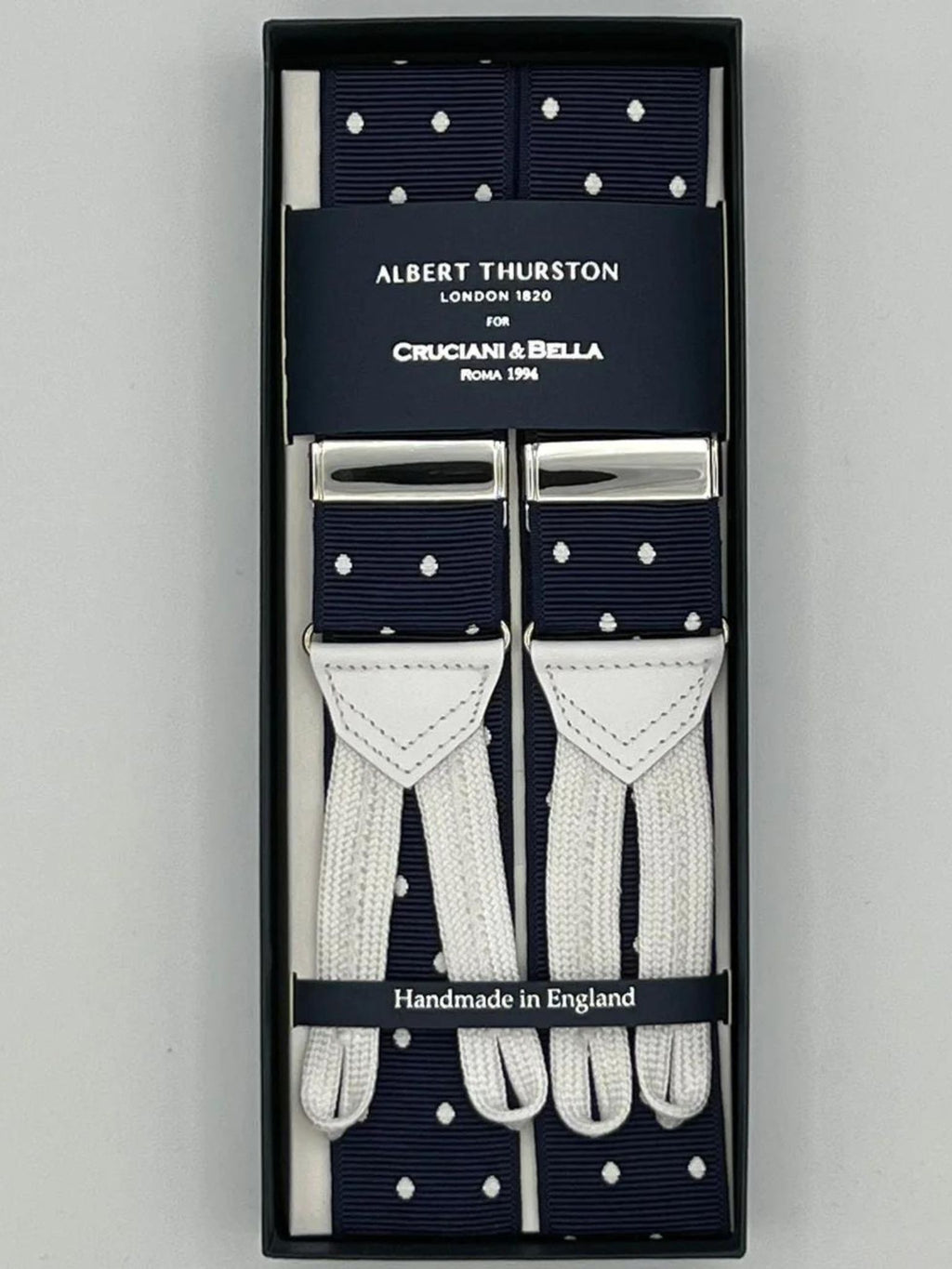 Albert Thurston for Cruciani & Bella Made in England Adjustable Sizing 40 mm Woven Barathea  Blue, White dots Braces Braid ends Y-Shaped Nickel Fittings Size: XL