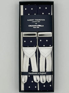 Albert Thurston for Cruciani & Bella Made in England Adjustable Sizing 40 mm Woven Barathea  Blue, White dots Braces Braid ends Y-Shaped Nickel Fittings Size: XL