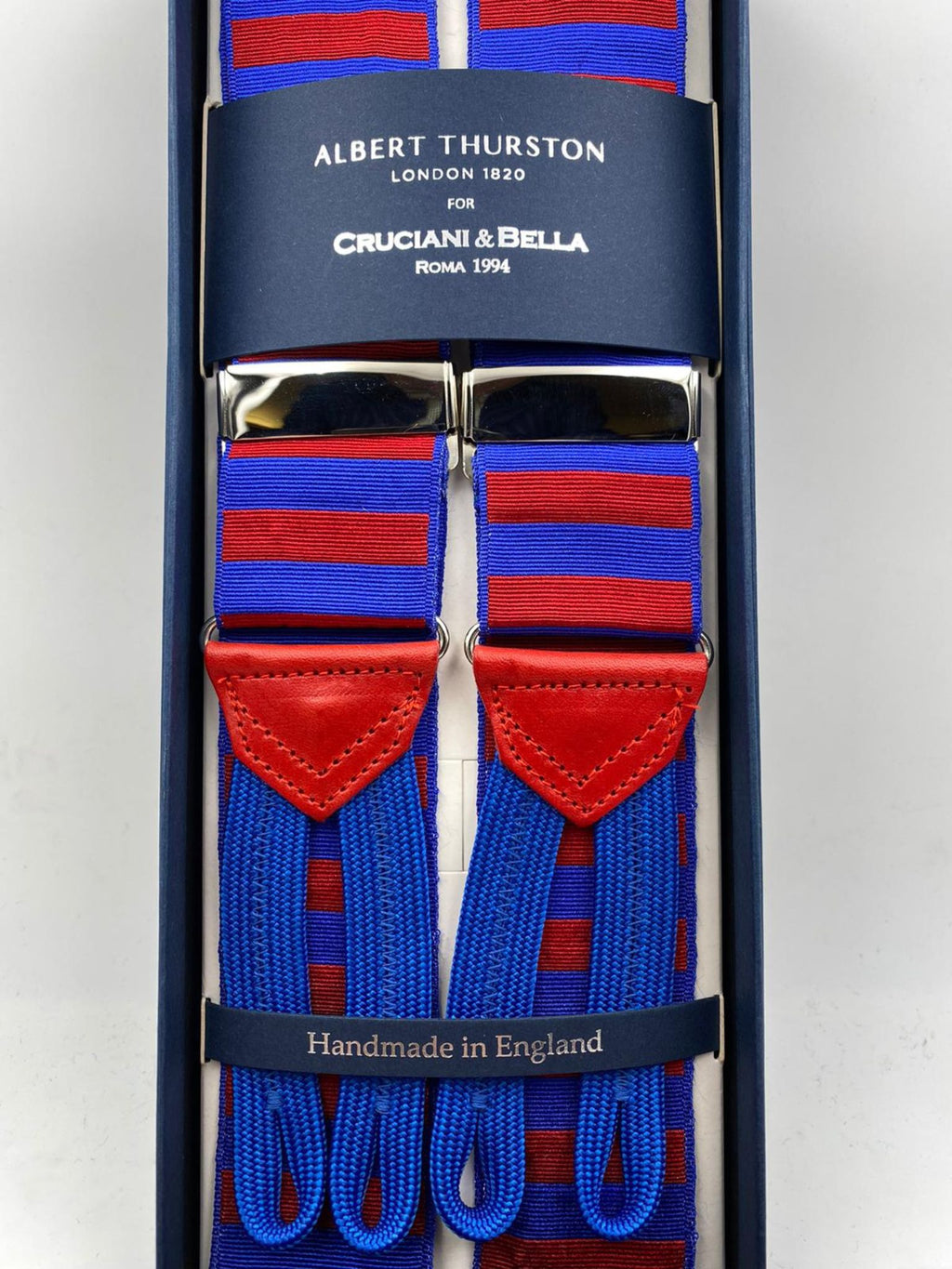 Albert Thurston for Cruciani & Bella Made in England Adjustable Sizing 40 mm Woven Barathea  Light Blue and Red horizontal Stripes Braces Braid ends Y-Shaped Nickel Fittings Size: XL