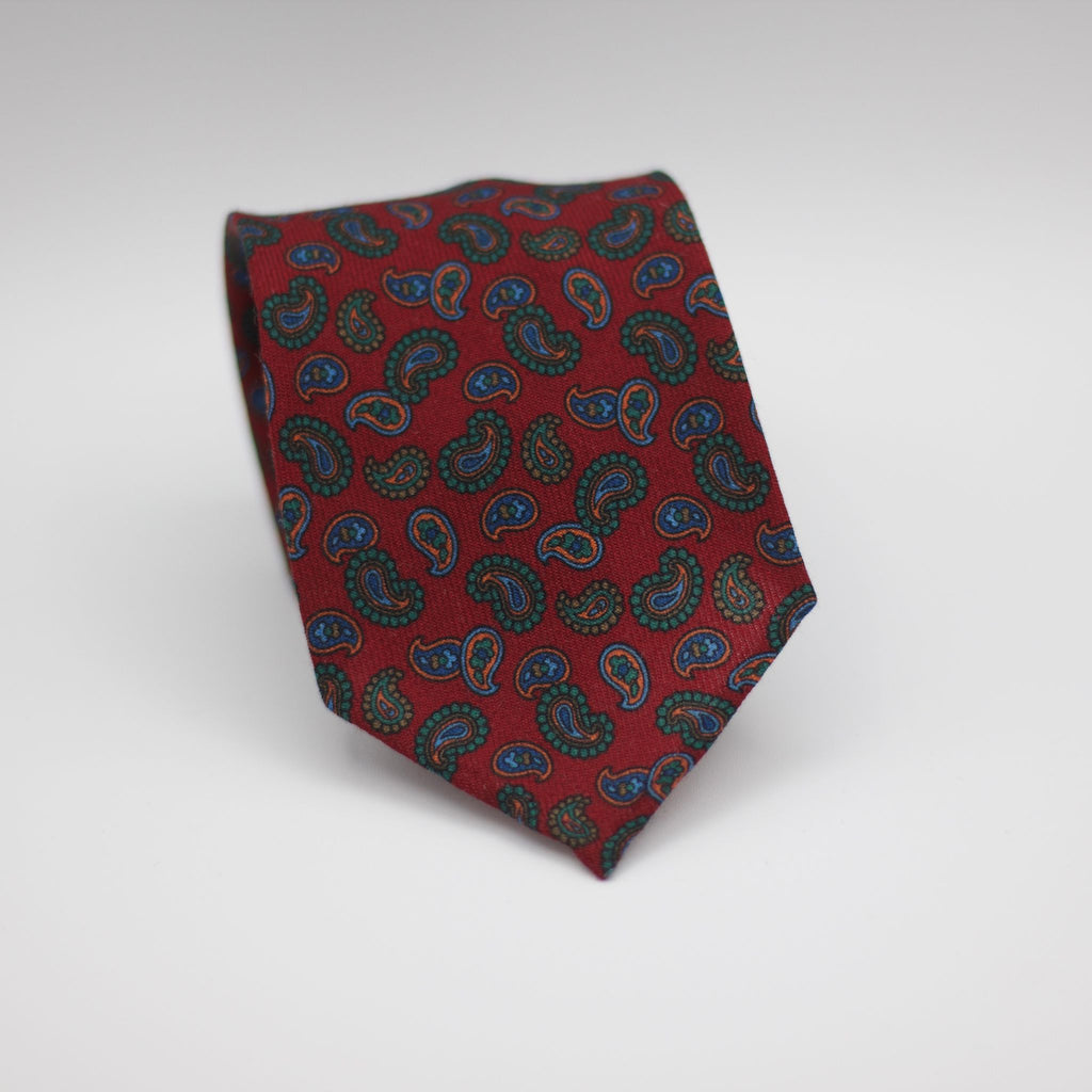 Cruciani & Bella 100%  Printed Wool  Unlined Hand rolled blades Red, Green, light Blue, Red and Orange White Paisley Motif Tie Handmade in Italy 8 cm x 150 cm #7278