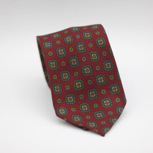 Cruciani & Bella 100%  Printed Wool  Unlined Hand rolled blades Burgundy, Green, Blue and Light Yellow  Motif Tie Handmade in Italy 8 cm x 150 cm #7285