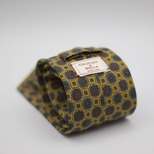Cruciani & Bella  100% Printed Madder Silk  Italian fabric  Unlined tie Egg Yellow, Green, Brown and Off White motif  8 cm x 150 cm #7238