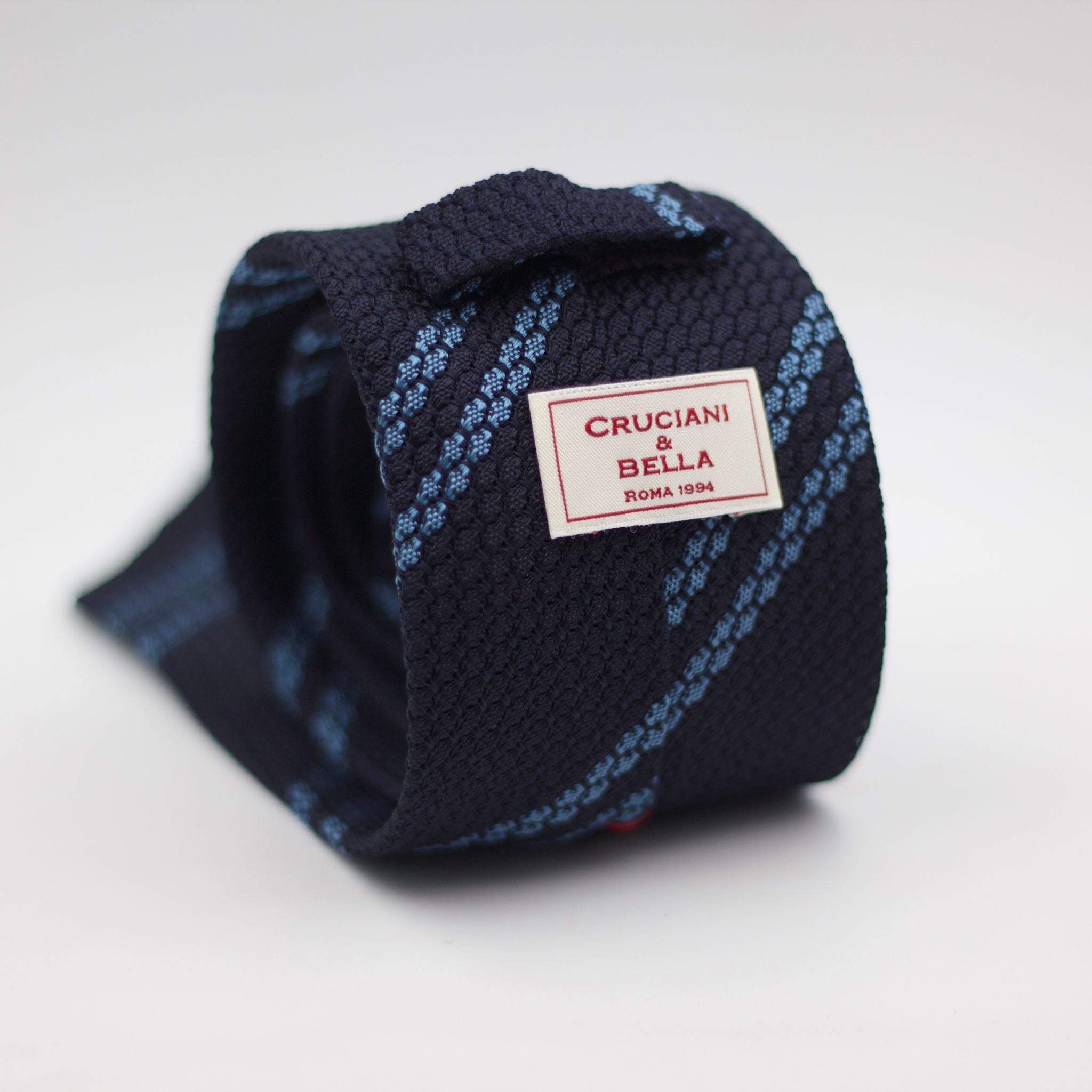 Cruciani & Bella 100% Silk Garza Grossa Woven in Italy Unlined Hand rolled blades Blue Navy and Light Blue Striped Handmade in Italy 8 cm x 150 cm