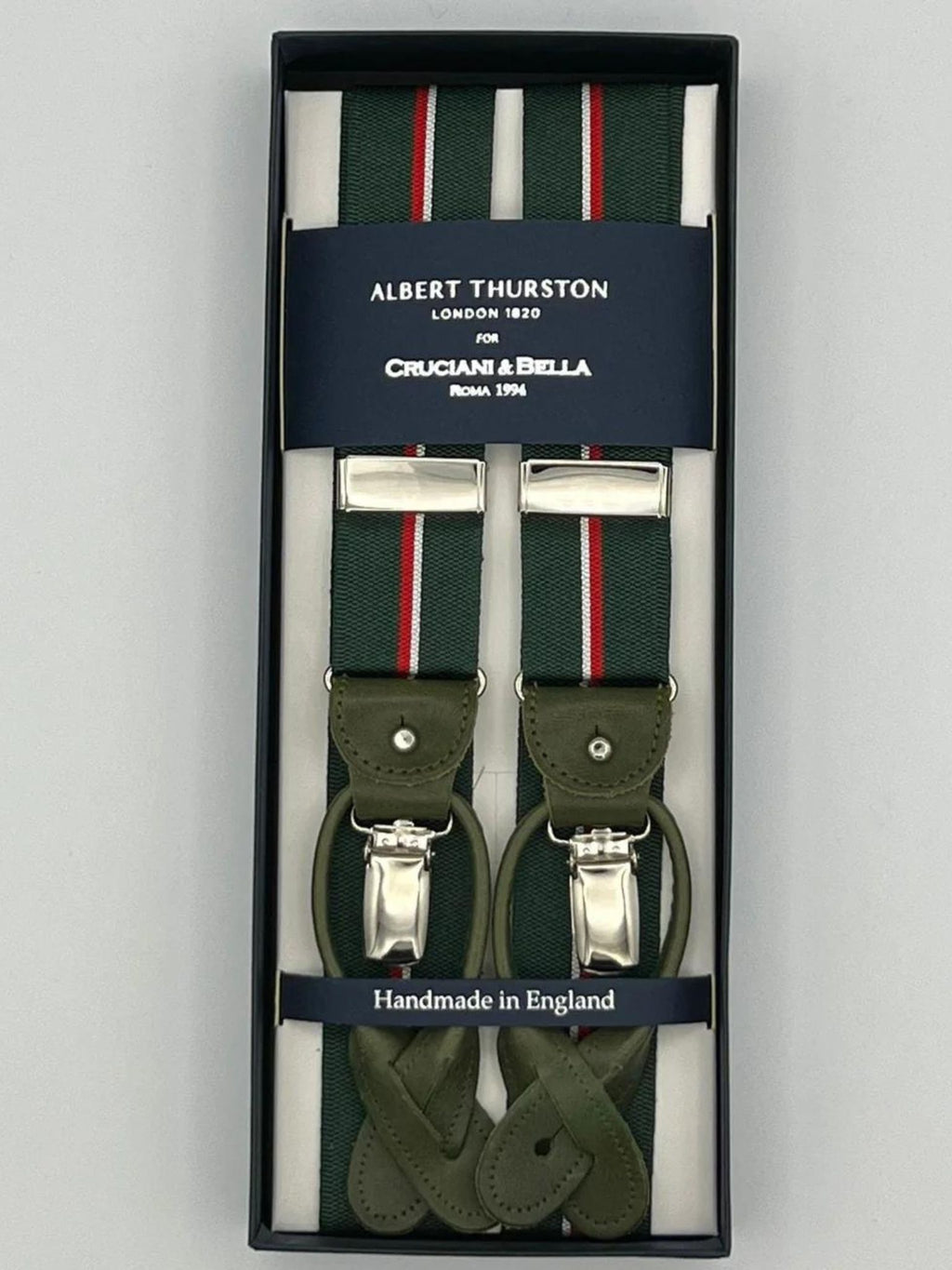 Albert Thurston for Cruciani & Bella Made in England Adjustable Sizing 30 mm Woven Barathea  Green, Red  and White Stripes Braces 2 in 1 Y-Shaped Nickel Fittings Size: L