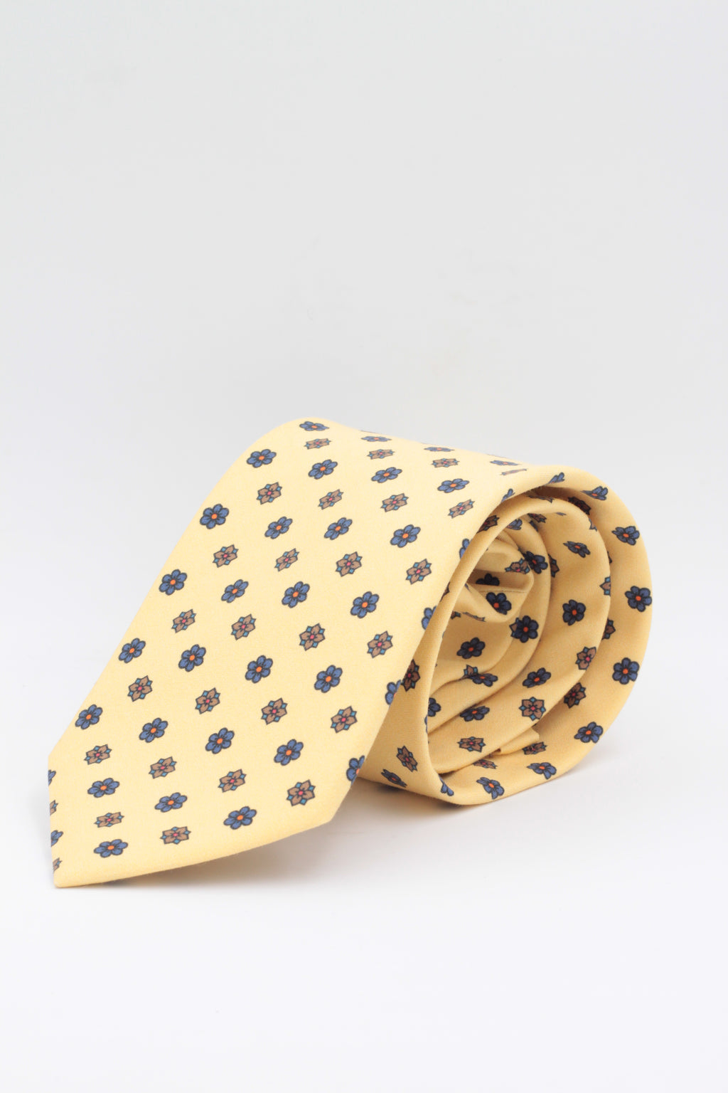Cruciani & Bella - Printed Madder Silk  - Yellow, brown and royal blue flower print tie #3975