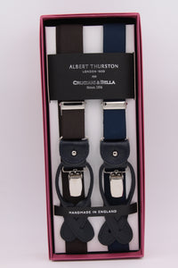 Albert Thurston for Cruciani & Bella Made in England 2 in 1 Adjustable Sizing 25 mm elastic braces Brown and blue navy Leather and clip Y-Shaped Nickel Fittings Size: L