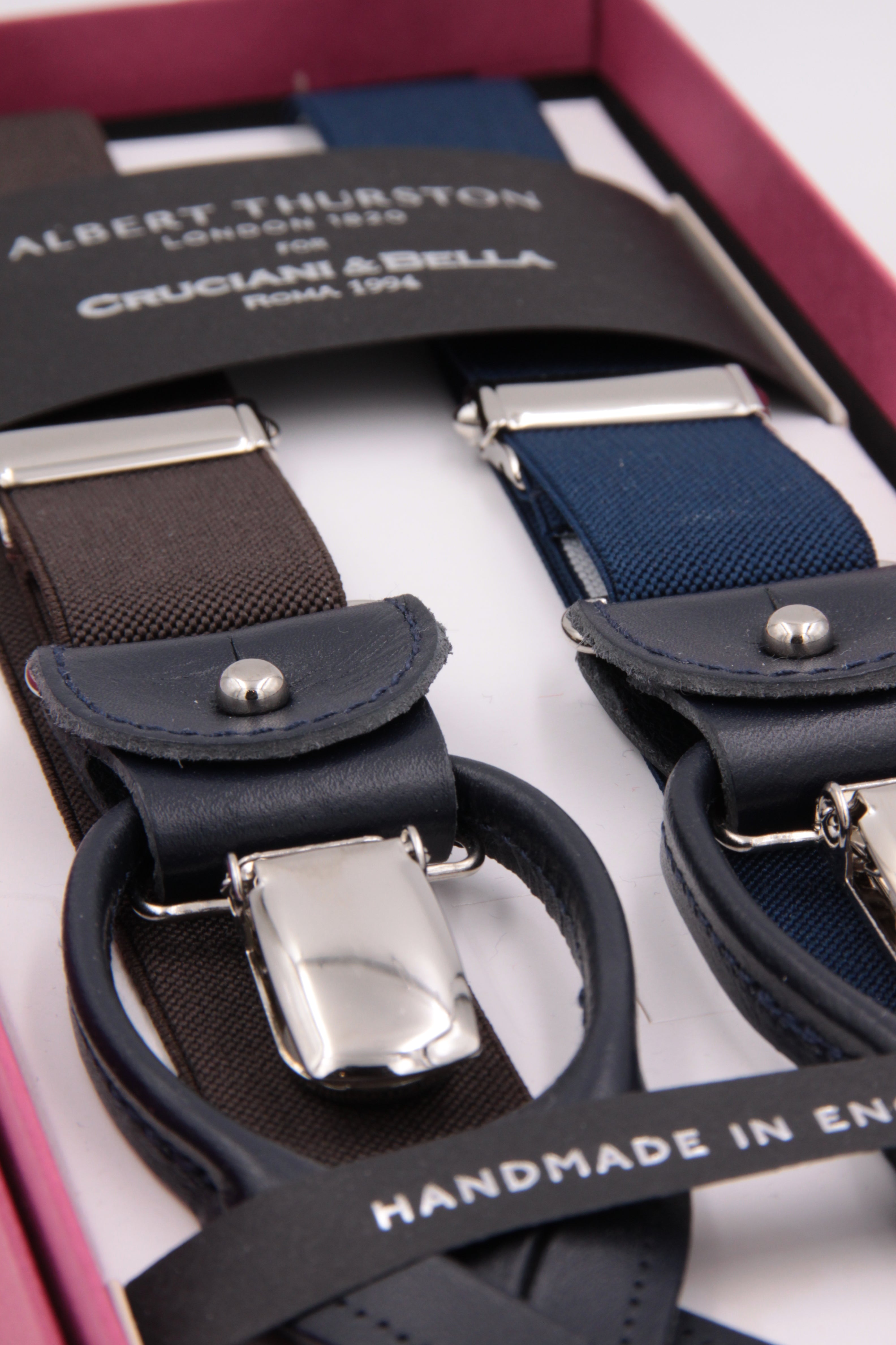 Albert Thurston for Cruciani & Bella Made in England 2 in 1 Adjustable Sizing 25 mm elastic braces Brown and blue navy Leather and clip Y-Shaped Nickel Fittings Size: L