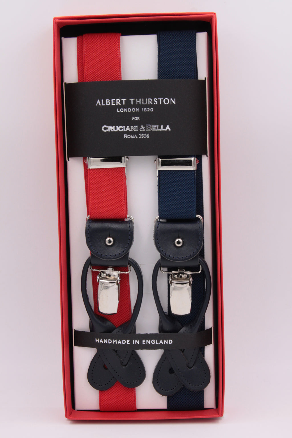 Albert Thurston for Cruciani & Bella Made in England 2 in 1 Adjustable Sizing 25 mm elastic braces Red and blue navy Y-Shaped Nickel Fittings Size: L
