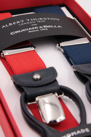 Albert Thurston for Cruciani & Bella Made in England 2 in 1 Adjustable Sizing 25 mm elastic braces Red and blue navy Y-Shaped Nickel Fittings Size: L