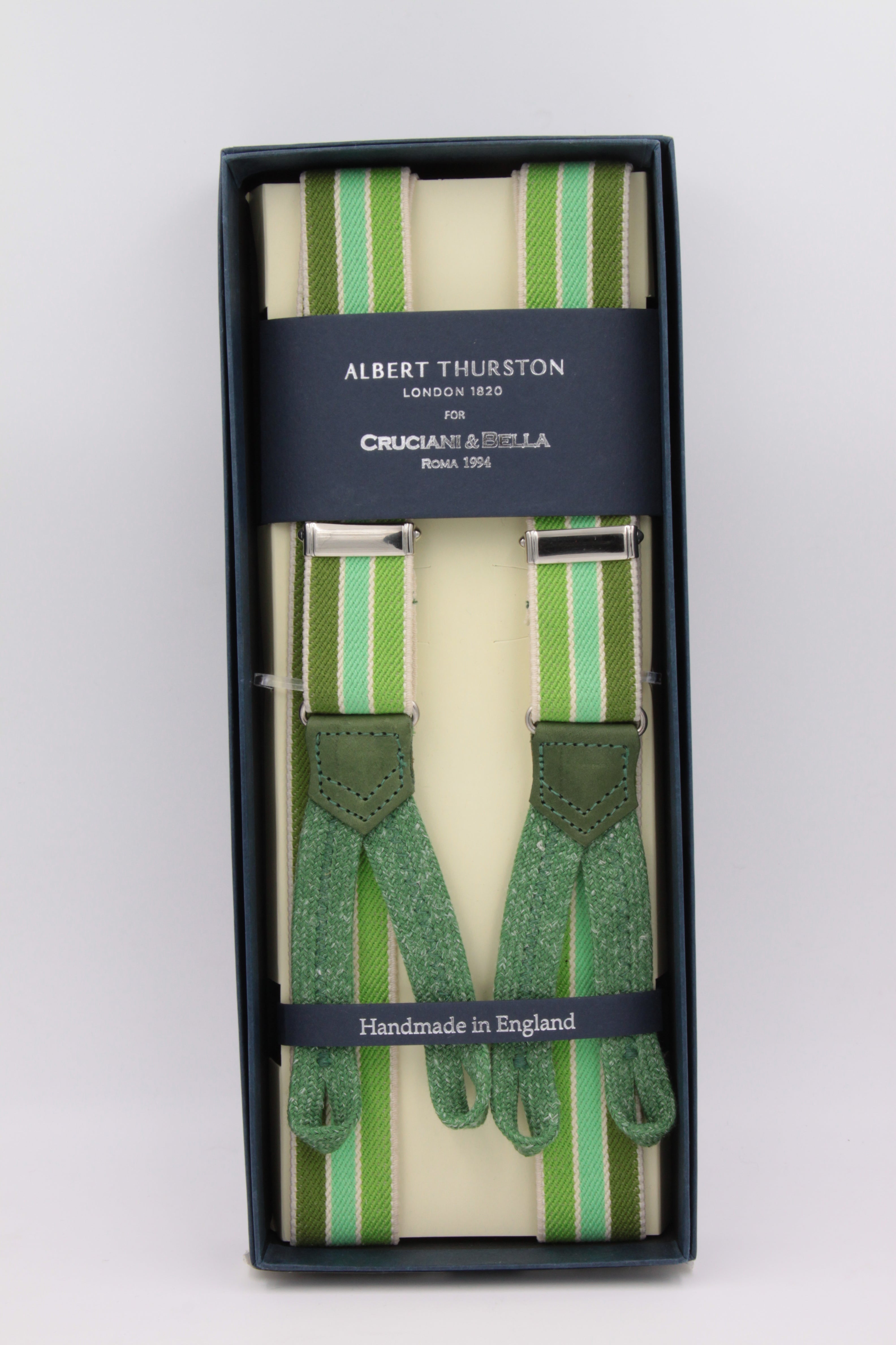 Albert Thurston for Cruciani & Bella Made in England Adjustable Sizing 25 mm elastic braces Green and white multiple color stripes Braid ends Y-Shaped Nickel Fittings Size: L