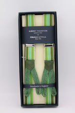 Albert Thurston for Cruciani & Bella Made in England Adjustable Sizing 25 mm elastic braces Green and white multiple color stripes Braid ends Y-Shaped Nickel Fittings Size: L