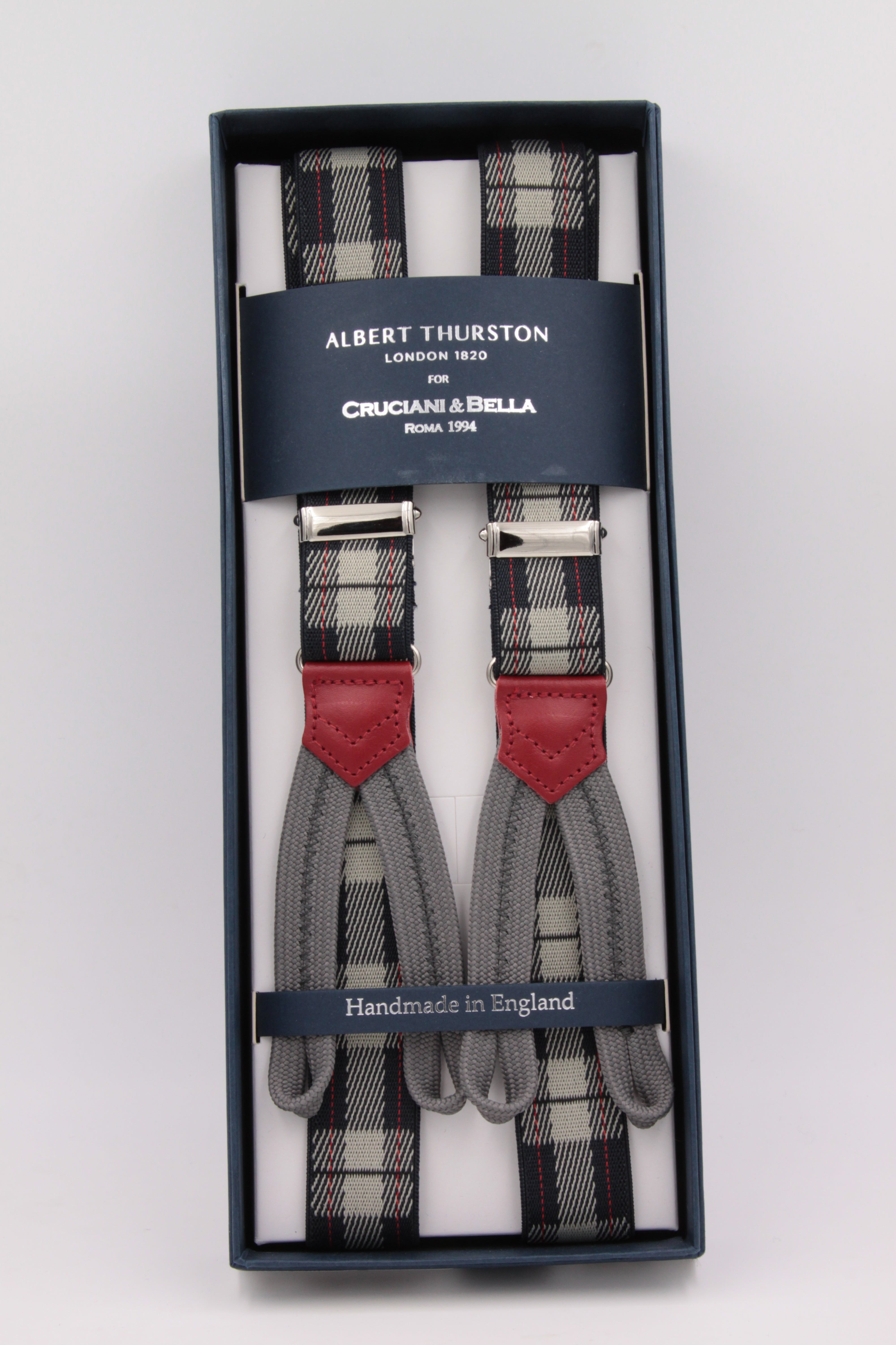 Albert Thurston for Cruciani & Bella Made in England Adjustable Sizing 25 mm elastic brace Grey tartan Braid ends Y-Shaped Nickel Fittings Size: L