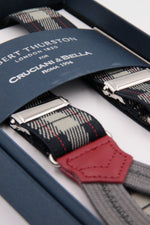 Albert Thurston for Cruciani & Bella Made in England Adjustable Sizing 25 mm elastic brace Grey tartan Braid ends Y-Shaped Nickel Fittings Size: L