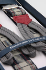 Albert Thurston for Cruciani & Bella Made in England Adjustable Sizing 25 mm elastic brace Grey tartan Braid ends Y-Shaped Nickel Fittings Size: L