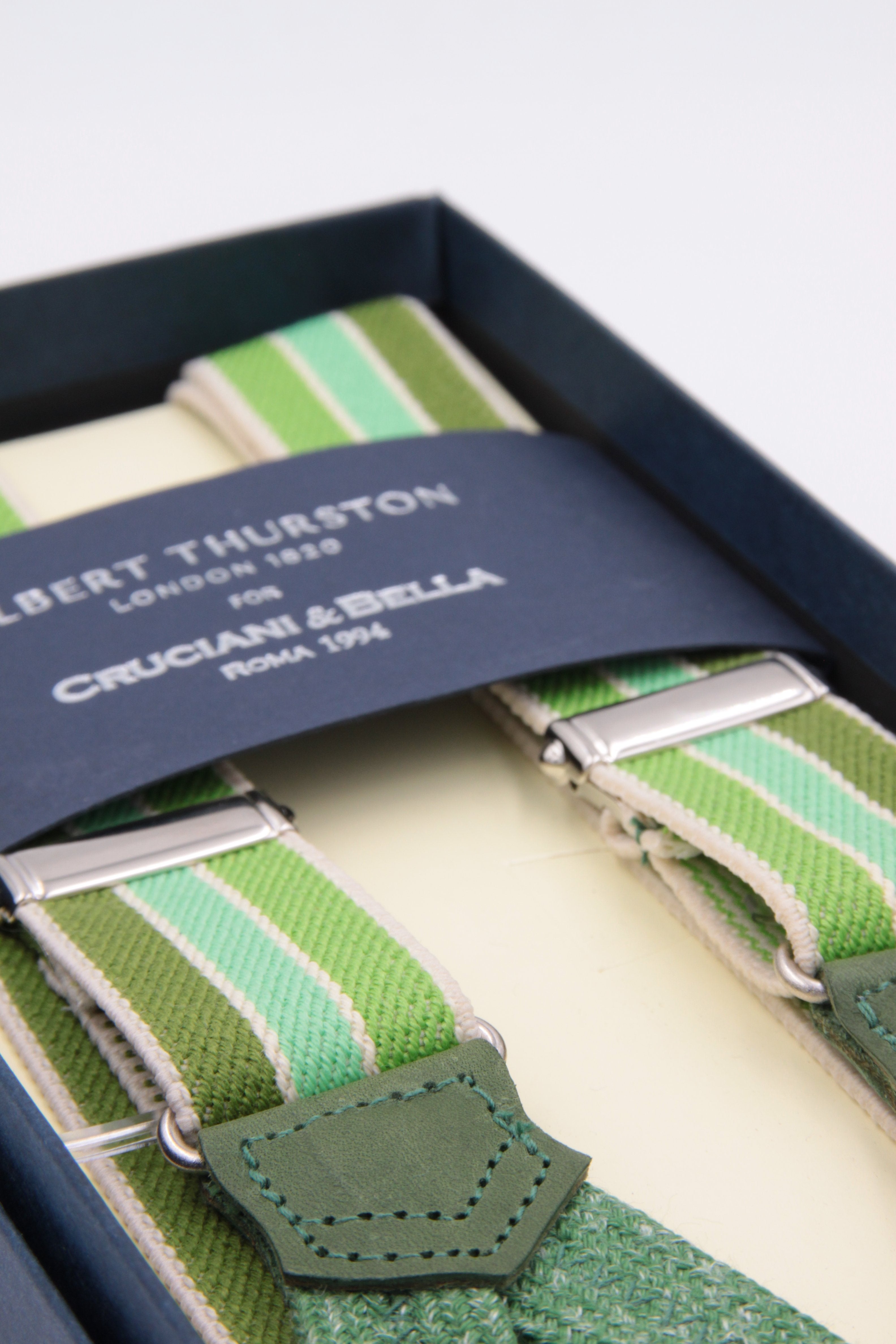 Albert Thurston for Cruciani & Bella Made in England Adjustable Sizing 25 mm elastic braces Green and white multiple color stripes Braid ends Y-Shaped Nickel Fittings Size: L