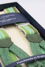 Albert Thurston for Cruciani & Bella Made in England Adjustable Sizing 25 mm elastic braces Green and white multiple color stripes Braid ends Y-Shaped Nickel Fittings Size: L