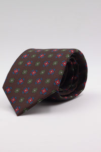 Brown, green, red and royal blue motif tie
