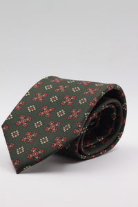 Bottle green, red and cream motif tie
