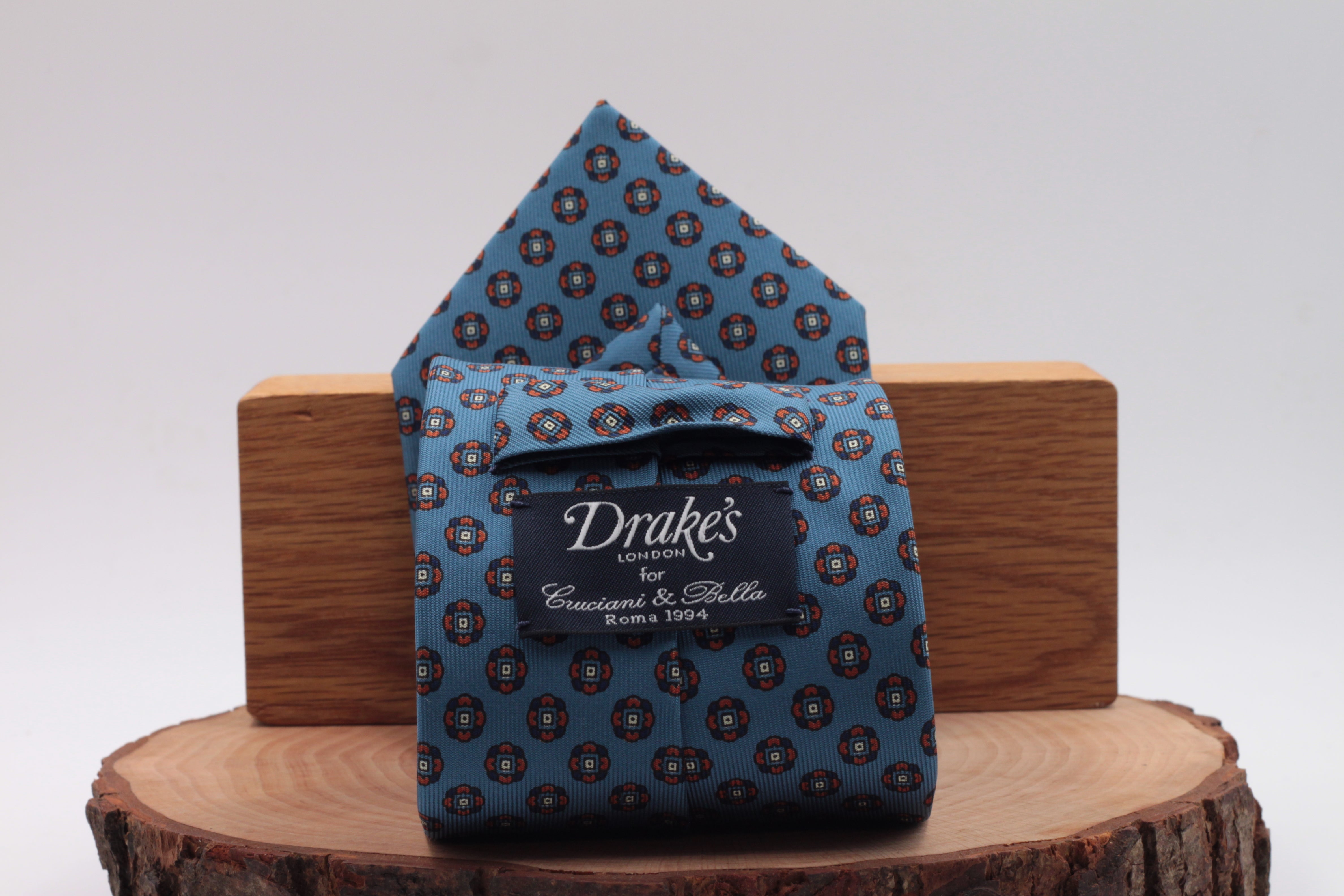 Royal blue, blue navy and orange motif tie
