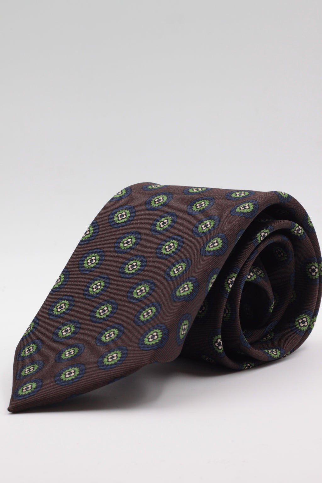 Brown, light green and dark blue medallion tie