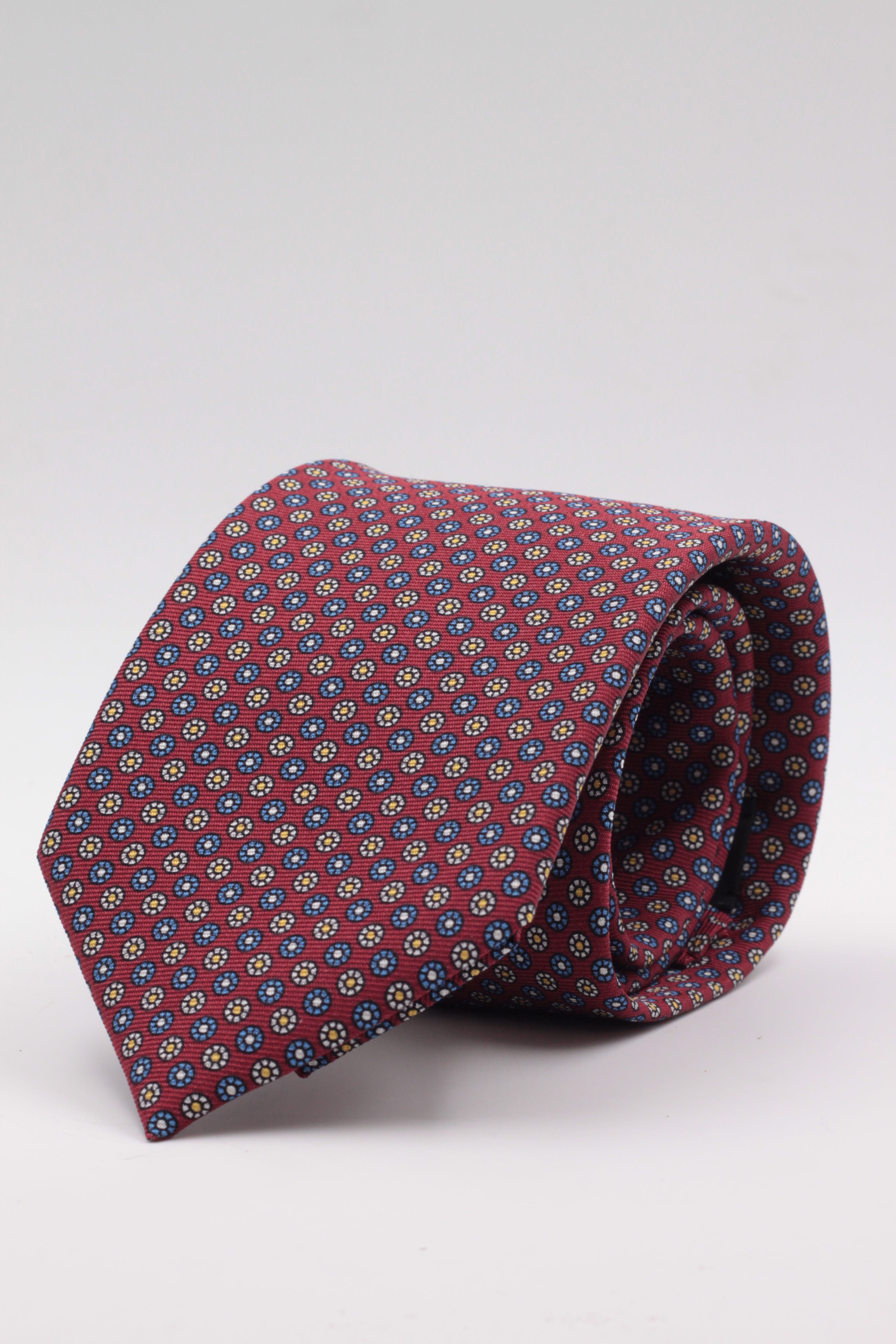 Burgundy, white and turquoise floral motif tie