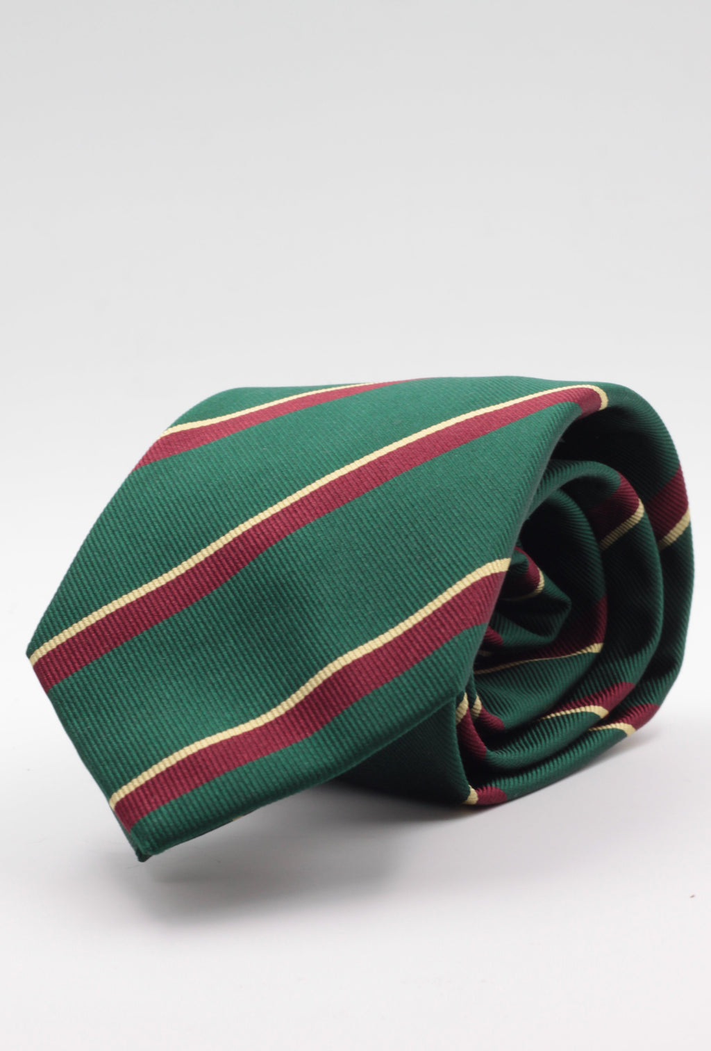 Holliday & Brown for Cruciani & Bella 100% Silk Jacquard  Regimental " Royal Marine Light Infantry" Green, Yellow and Burgundy stripe tie Handmade in Italy 8 cm x 150 cm