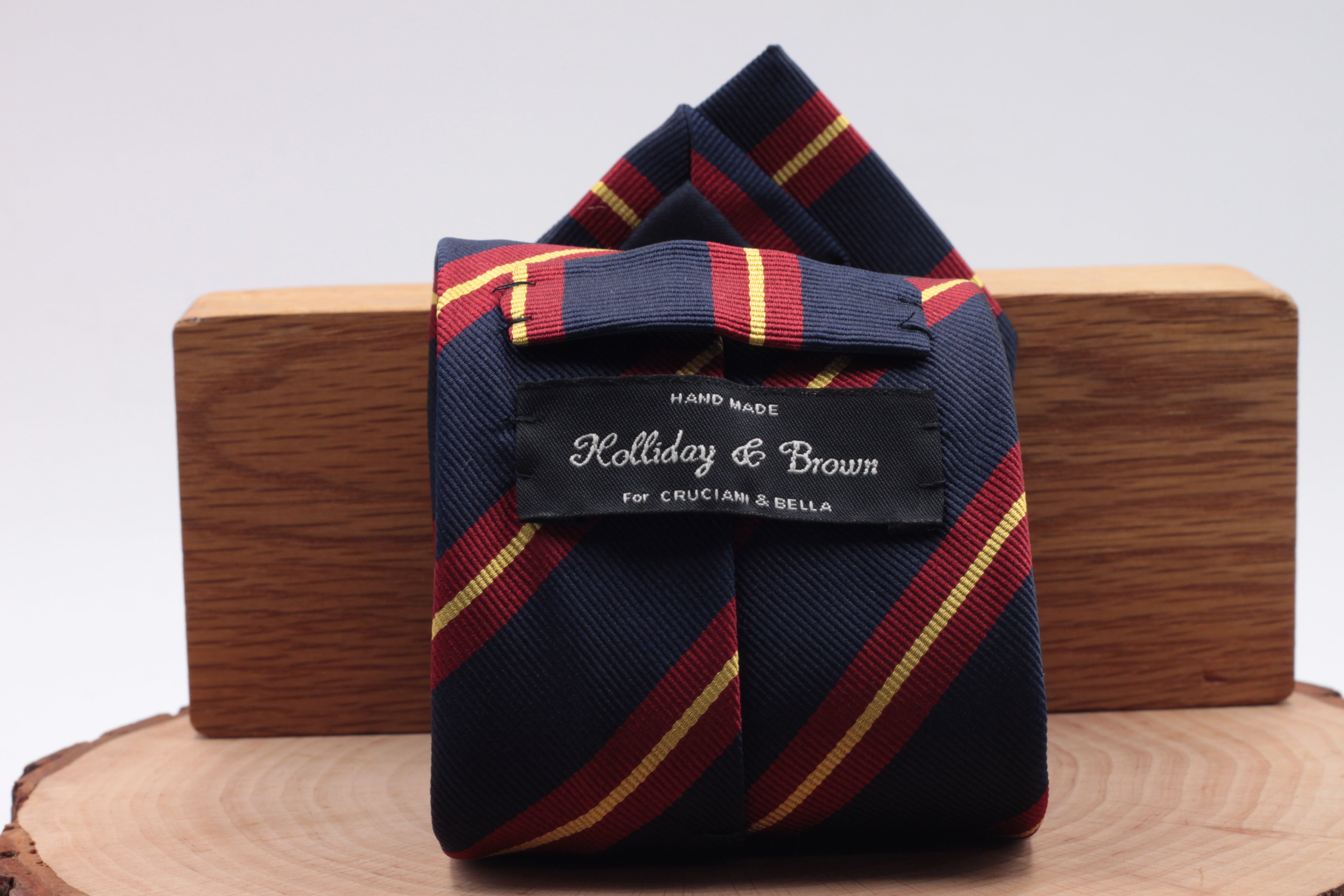Holliday & Brown for Cruciani & Bella 100% Silk Jacquard  Regimental "Glasgow Yeomanry" Blue navy, red and Yellow stripe tie Handmade in Italy 8 cm x 150 cm