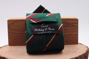 Holliday & Brown for Cruciani & Bella 100% Silk Jacquard  Regimental " Royal Marine Light Infantry" Green, Yellow and Burgundy stripe tie Handmade in Italy 8 cm x 150 cm