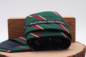 Holliday & Brown for Cruciani & Bella 100% Silk Jacquard  Regimental " Royal Marine Light Infantry" Green, Yellow and Burgundy stripe tie Handmade in Italy 8 cm x 150 cm
