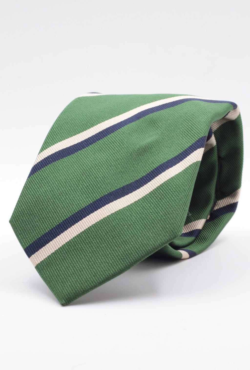 Holliday & Brown for Cruciani & Bella 100% Silk Jacquard  Regimental "Queen's Own Highlanders"  Green, navy blue and ivory stripe tie Handmade in Italy 8 cm x 150 cm