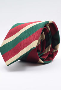 Holliday & Brown for Cruciani & Bella 100% Silk Jacquard  Regimental "5th Royal Inniskilling Dragoon Guards" Red, Green and Beige stripe tie Handmade in Italy 8 cm x 150 cm