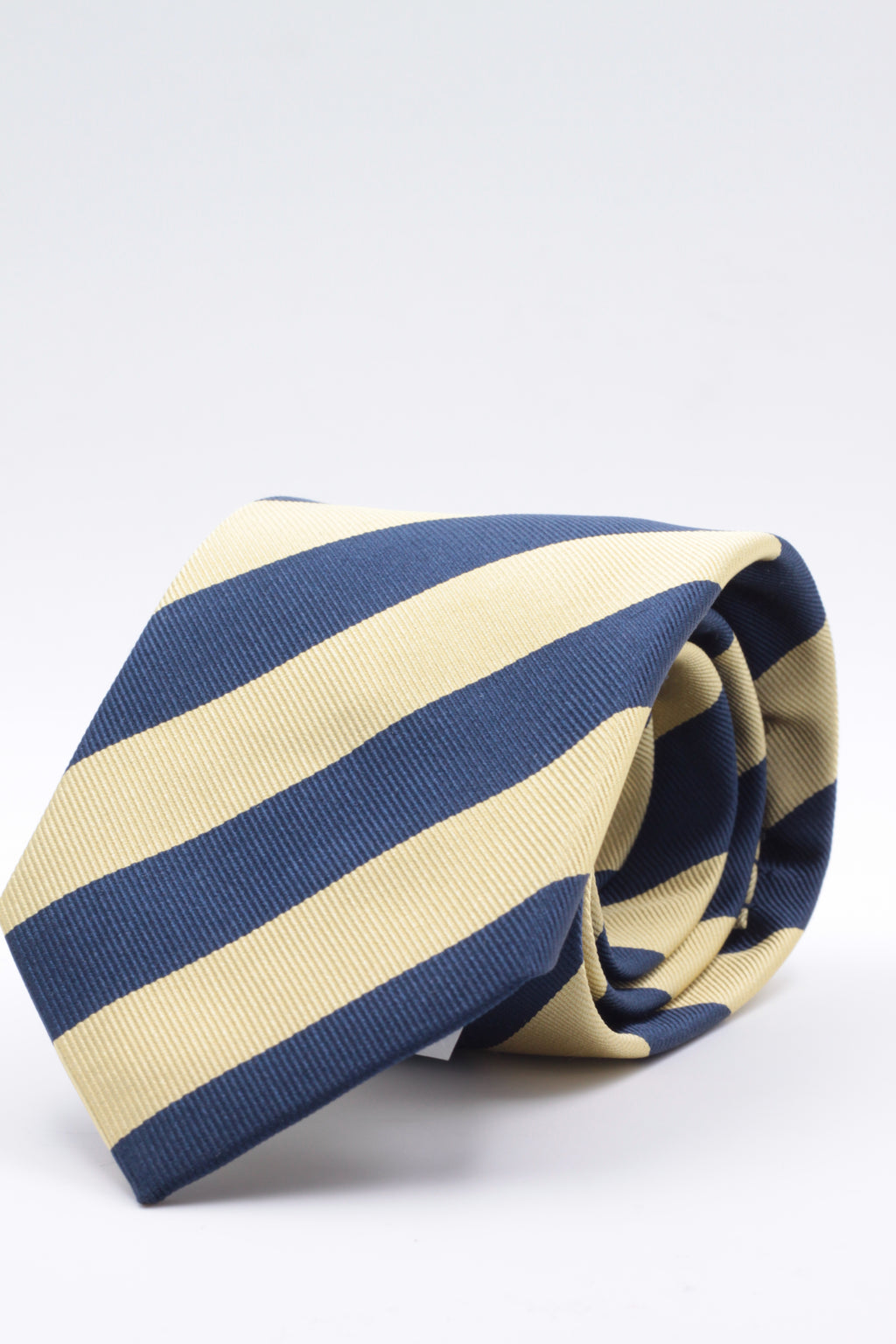 Holliday & Brown for Cruciani & Bella 100% Silk Jacquard  Regimental "4th The Queen's Own Hussars"  Yellow and Blue navy stripe tie Handmade in Italy 8 cm x 150 cm